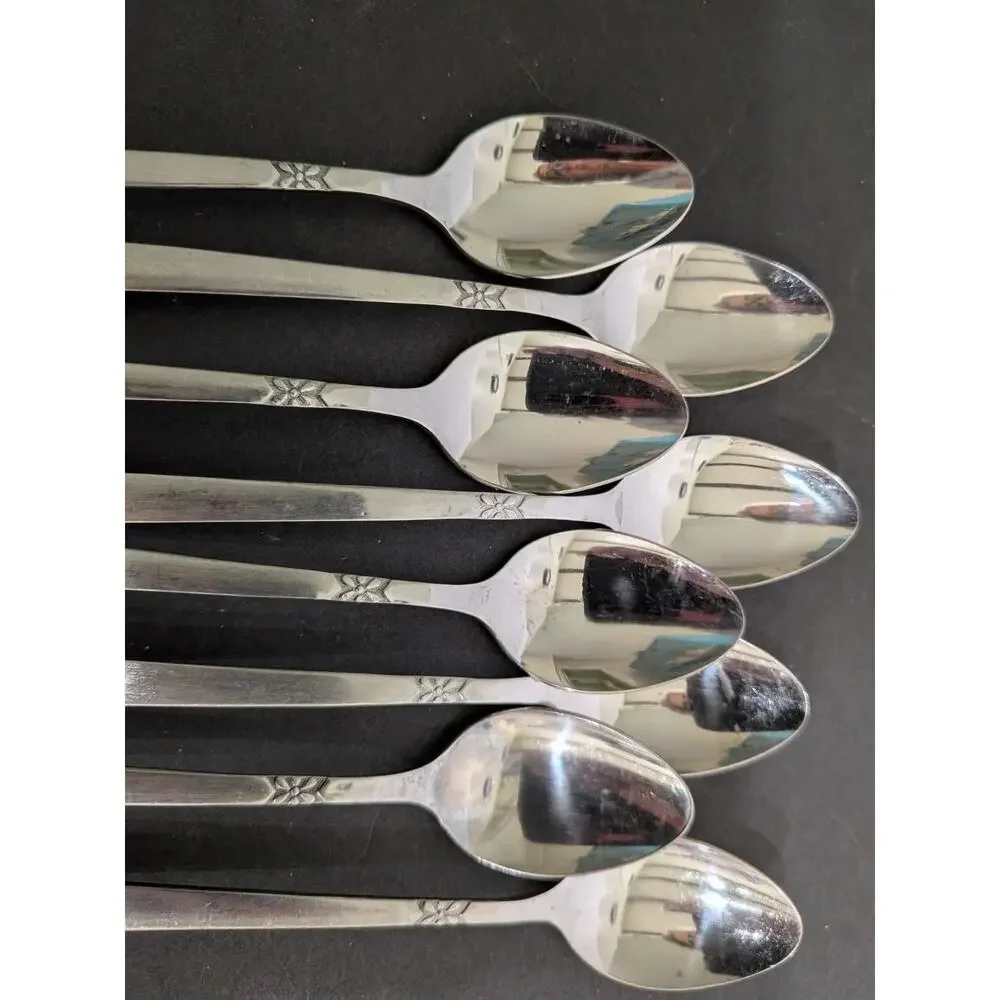 Vintage Atomic Floral Iced Tea Spoons Set Of 8 MCM Stainless Steel Korea Retro